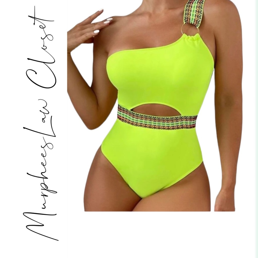 SHEIN | Neon Lime One Shoulder Ring Linked Cut Out Contrast Panel Swimsuit | L